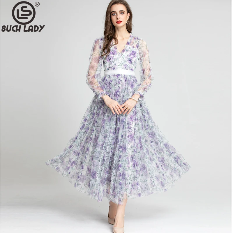 Women's Runway Dresses Sexy V Neck Long Sleeves Ruffles Printed Elegant Fashion Party Prom Gown