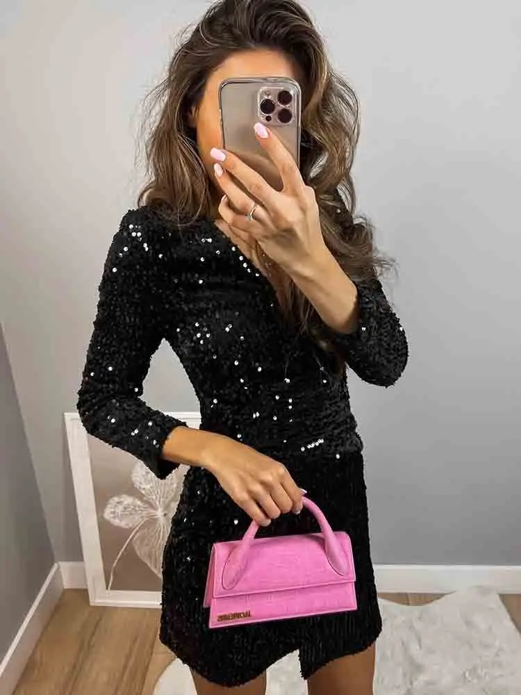 

Платье-Блейзер KLKXMYT TRAF с блестками женское бархатное блестящее платье женские короткие платья с длинным рукавом 2023 зимние элегантные плать...