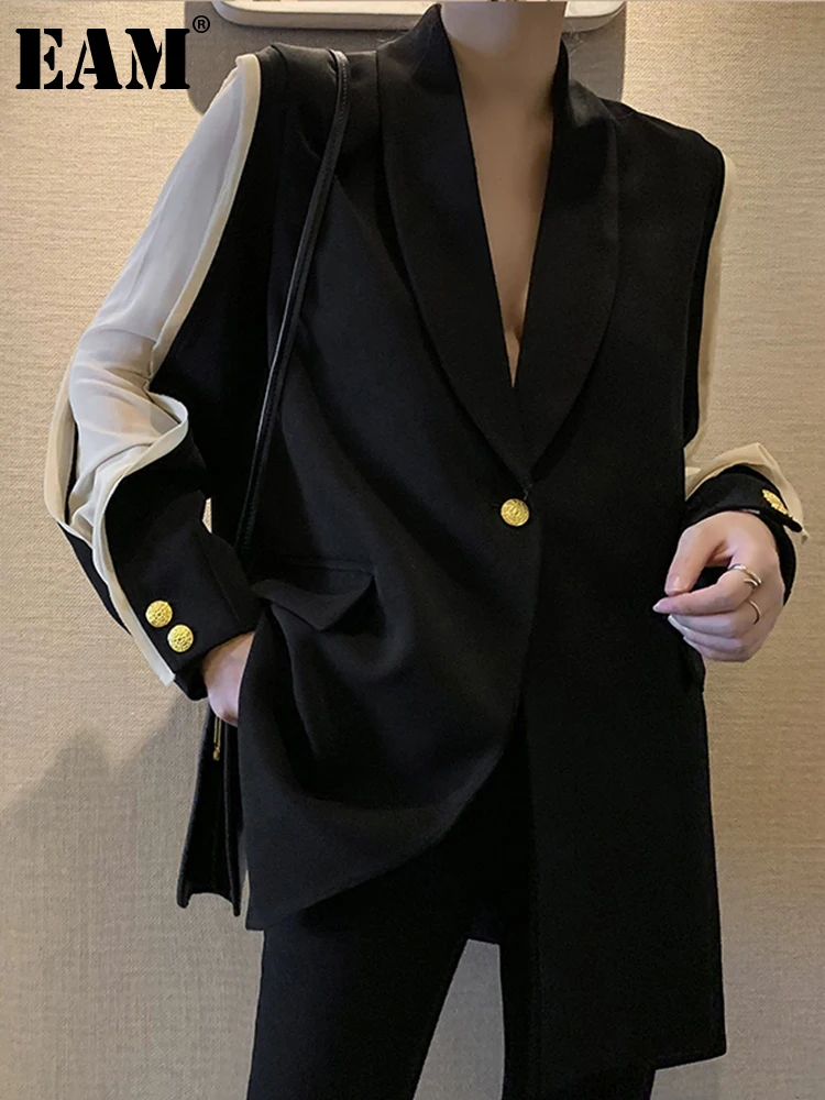 

[EAM] 2022 New Spring Autumn Lapel Long Sleeve Hit Color Split Joint Loose Temperament Jacket Women Coat Fashion Tide JU298