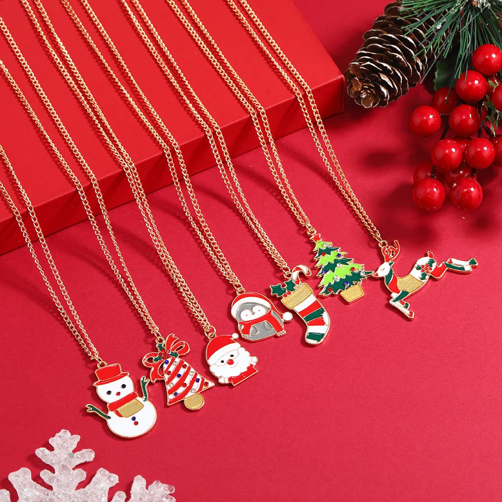 

Christmas Pendant Necklaces Drip Oil Snowman Bell Socks Elk Deer Necklace For Women Men Santa Claus Gifts New Trendy Jewelry Set