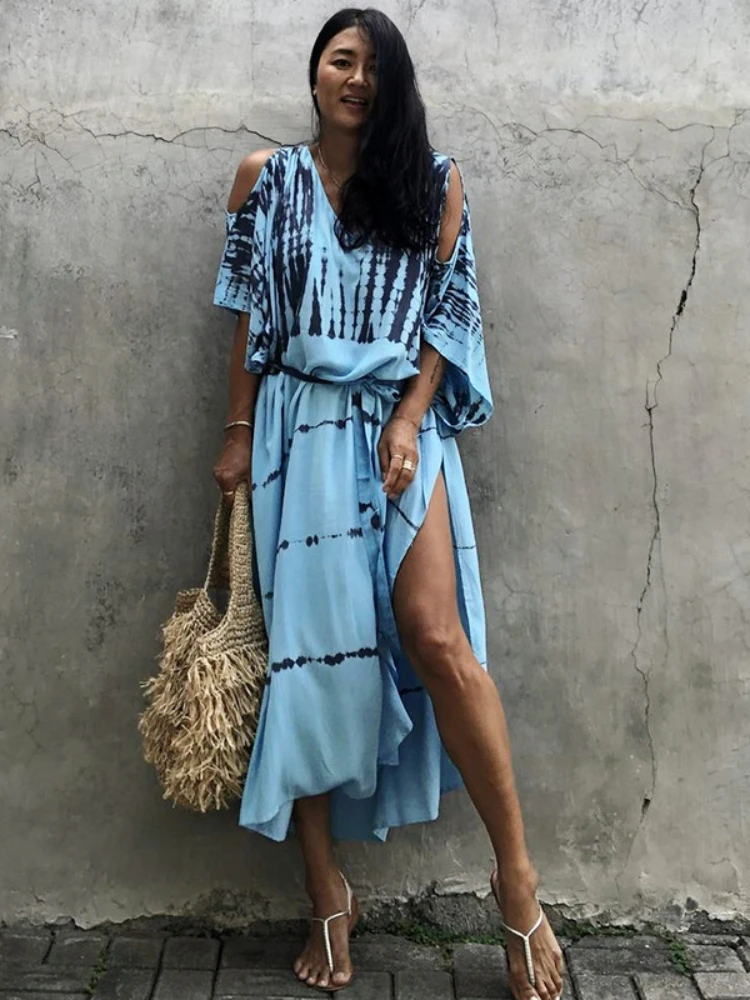Swimsuit Cover Up Women Tie Dye Striped Bohemian Caftans Cold Shoulder Maxi Beach Dresses Tunic Summer Swimwear Outfits Sales