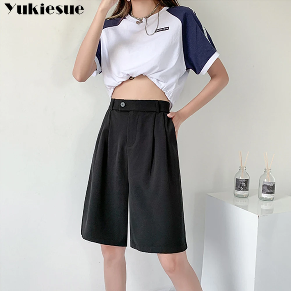 

korean fashion Office lady summer high waist Women's knee length wide leg Capris pants for women baggy pants woman trousers