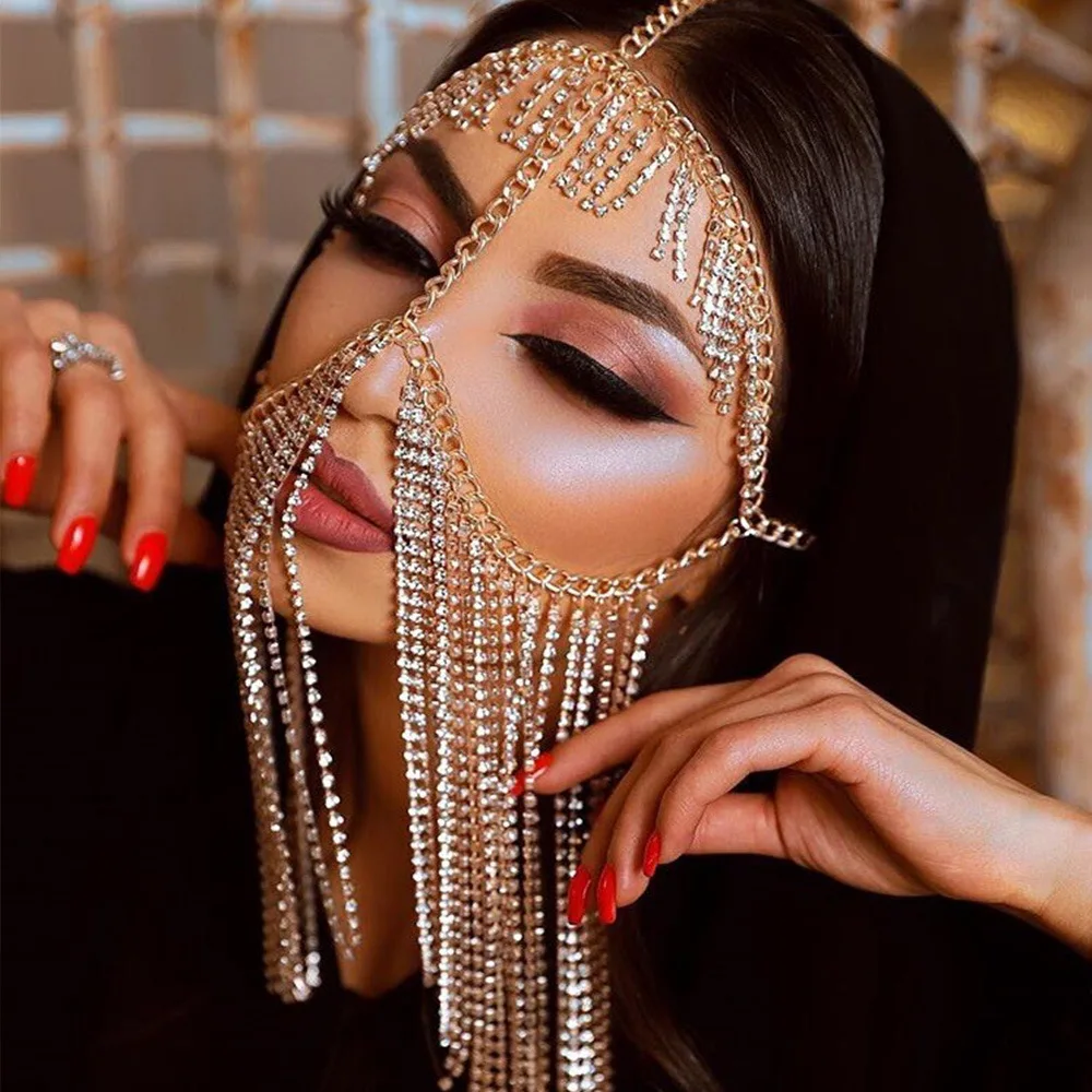 

Full Rhinestone Tassel Face Jewelry Women Prom Party Mask Fringe Metal Headband Decoration Bridal Veils Party