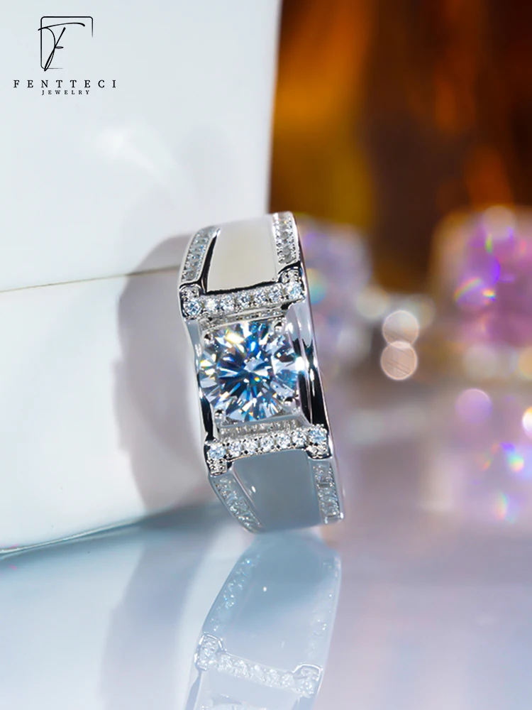 FENTTECI 925 Sterling Silver D Color Moissanite Men's Ring Simple 4 Prongs Fashion Domineering 1ct Men's Wedding Engagement Ring