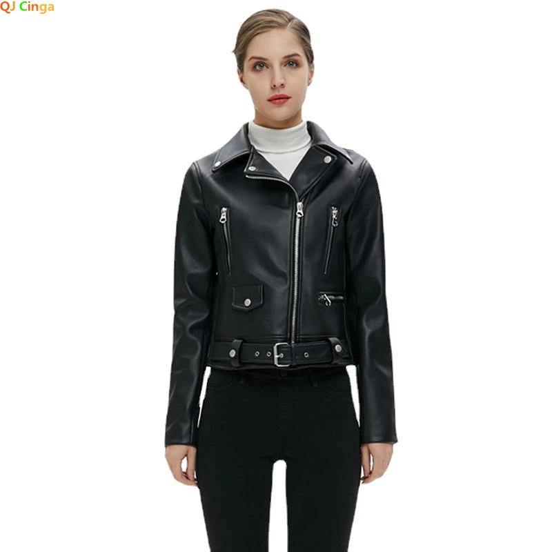 

2023 New Women Spring Autumn Black Faux Leather Jackets Zipper Basic Coat Turn-down Collar Motor Biker Jacket with Belt