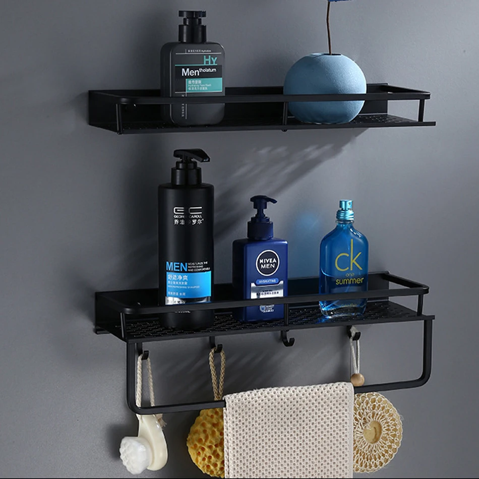 

Black Bathroom Rack Aluminum Wall Mount Bath Shower Shampoo Soap Storage Holder Shelf Organizer for Bathroom Kitchen Home Hotel