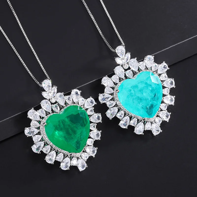 

20*20mm Exaggerated Brazil Paraiba Tourmaline Heart Shape Emerald Pendant Necklace 925 Sterling Silver Vintage Neck Jewelry