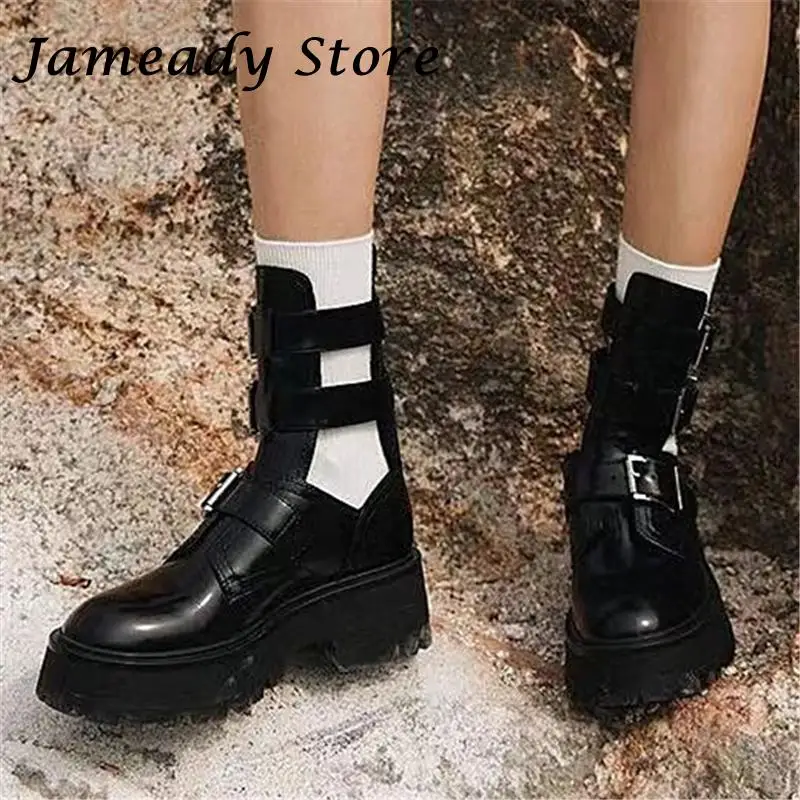 

Hollow Out Women Ankle Boots Fashion Chunky Heel Platform Buckle Strap Summer Shoes British Style Breathable Motorcycle Boots