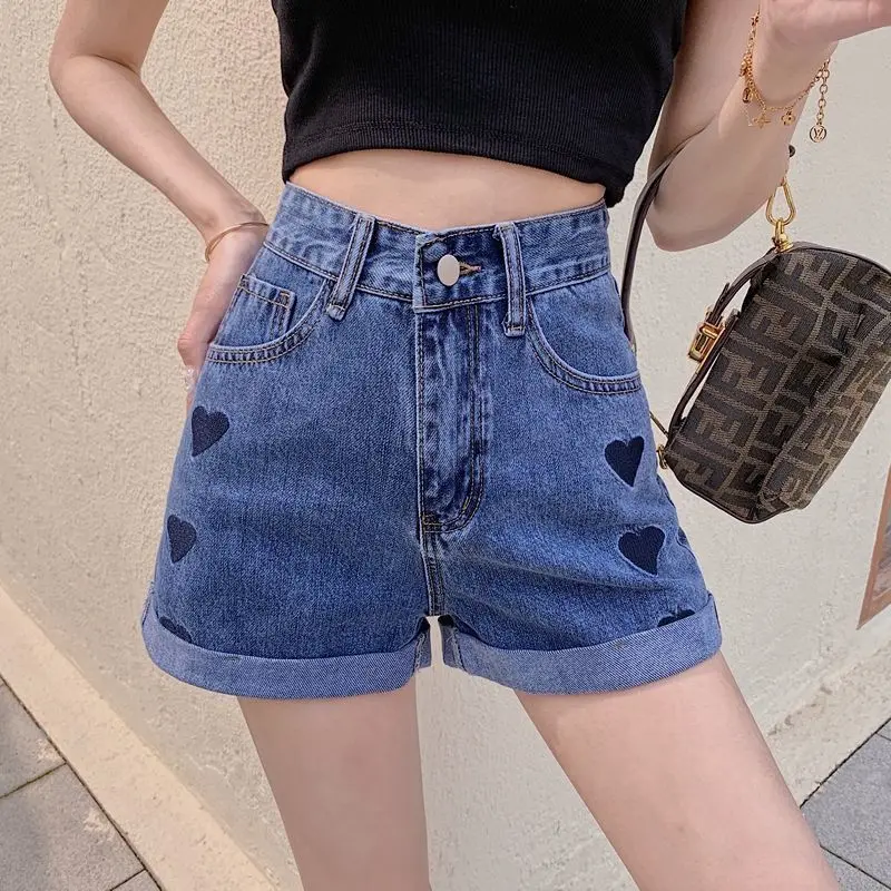 Embroidery Denim Shorts Women Korean Fashion Crimping High Waist Slim Summer Jeans Shorts Girls Sexy Hot Pants Casual Clothing