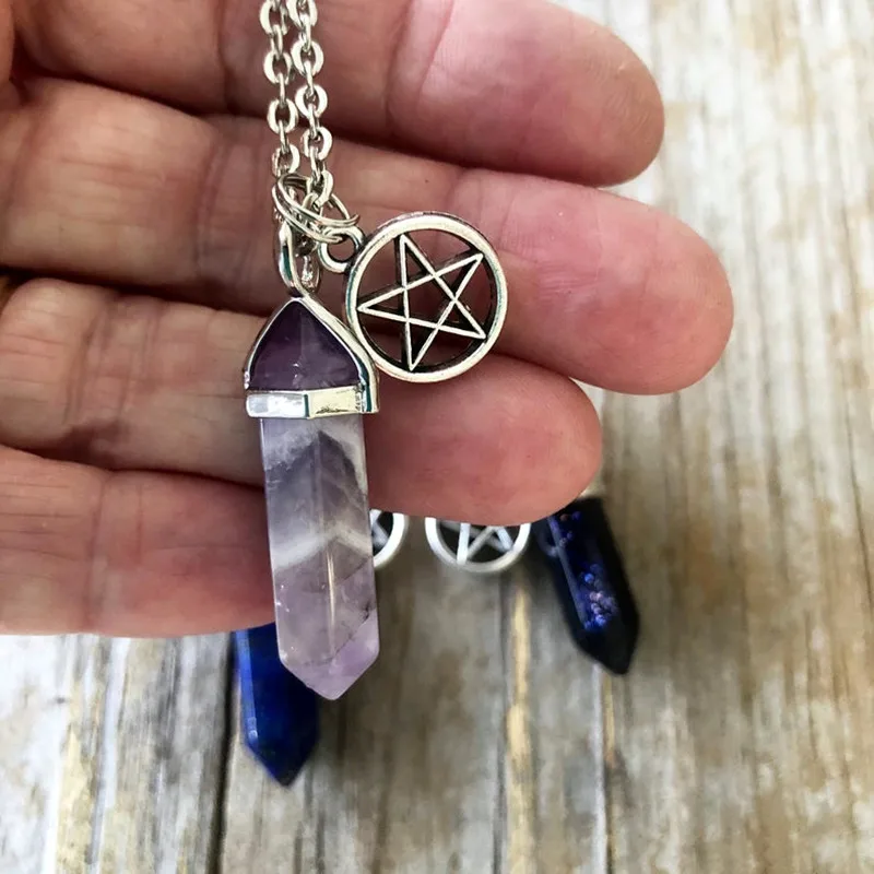 

New Hexagonal Column Quartz Women Necklace Match Wiccan Pentagram Pendant Pagan Jewellery Spiritual Choker Necklaces