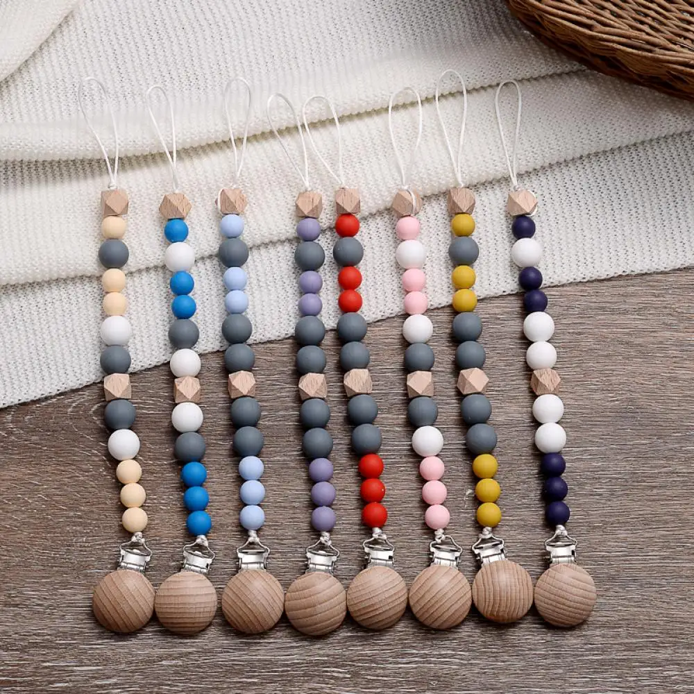 

Beech Wood Baby Pacifier Clips Wooden Silicone Octagon Beads For Teething Nursing Chew Toy Shower Gift Baby Soother Nipple Chain