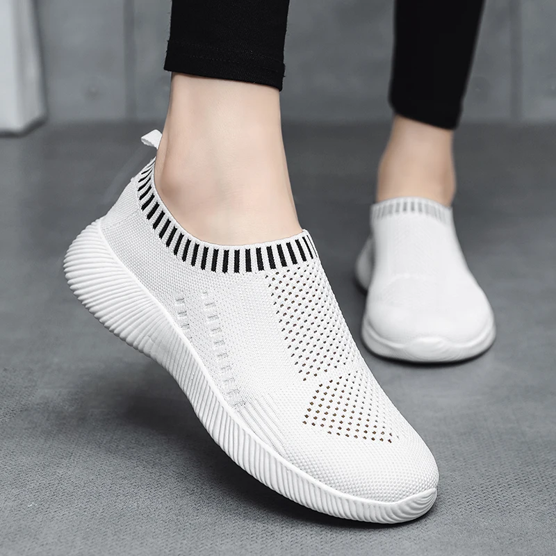 

Women's Sneakers Free Shipping Shoes Breathable Mesh Casual Outdoor Slip On Running Tennis Fashion Female Knit Sock Shoes White