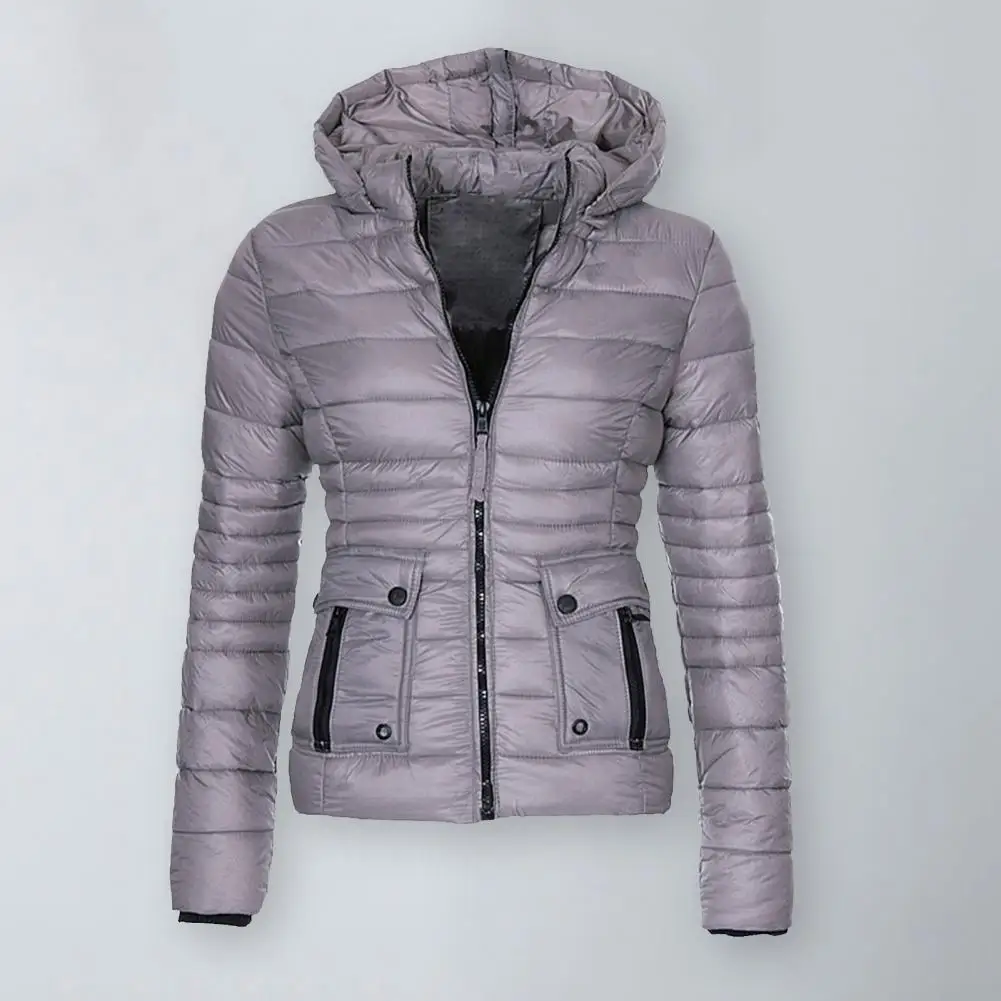 Dropshipping!Women Coat Hooded Stand Collar Long Sleeve Zipper Pockets Winter Coat Thickened Cotton Padded Jacket Short Overcoat
