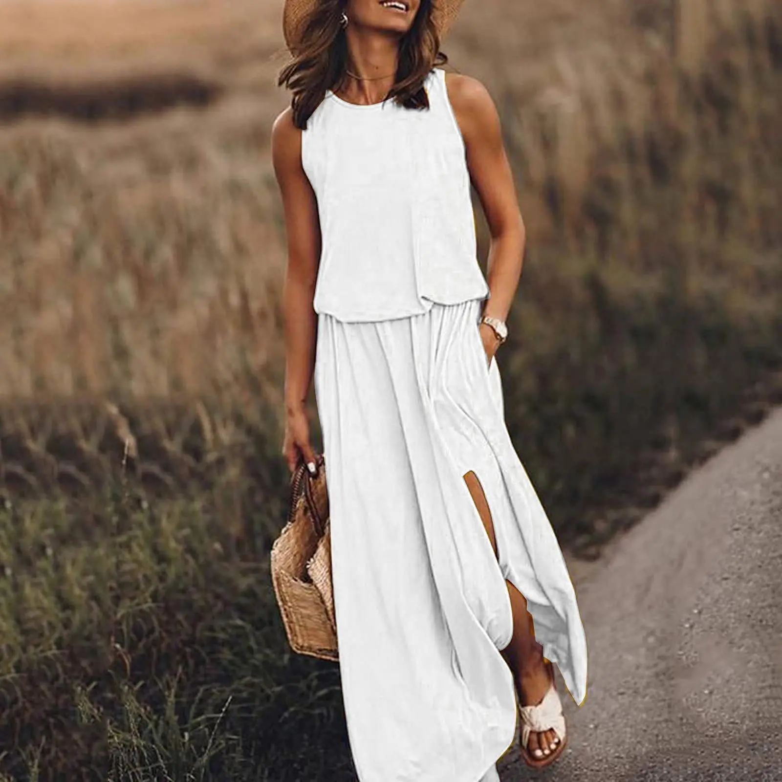 

O Neck Sleeveless Tank Dresses 2022 Summer New Fashion Casual Solid Color Oversizes Long Dress Pockets Loose Chiffon Dress Hot