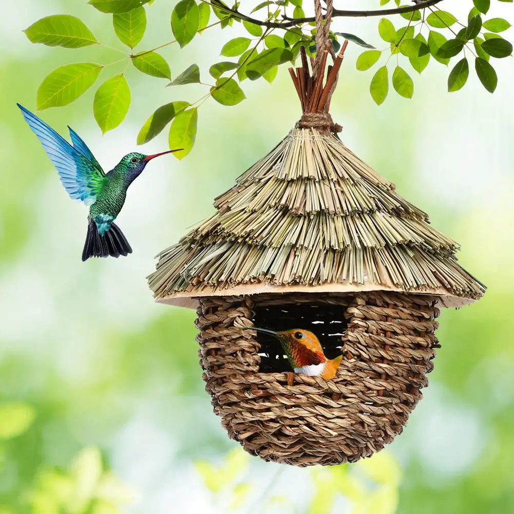 

Hand-Woven Bird House Natural Grass Bird Nest Shelter Hut Small Bird Hideaway Outside Sparrows Hanging Parrot Nest Houses