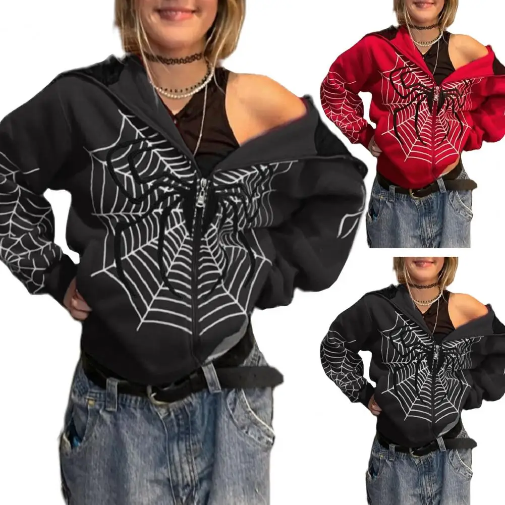 

Women Hoodies Spider-Web Printed Punk Jackets Streetwear Gothic Vintage Zip-Up Hooded Coat Autumn Winter Grunge Sweatshirt Tops