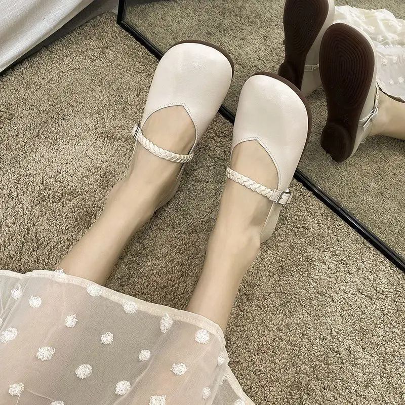Designer Braid Sqaure Toe Mary Janes Shoes for Women Shallow V neck Mouth Ballearia Flats Soft Footwear Mom Leather Mocasins