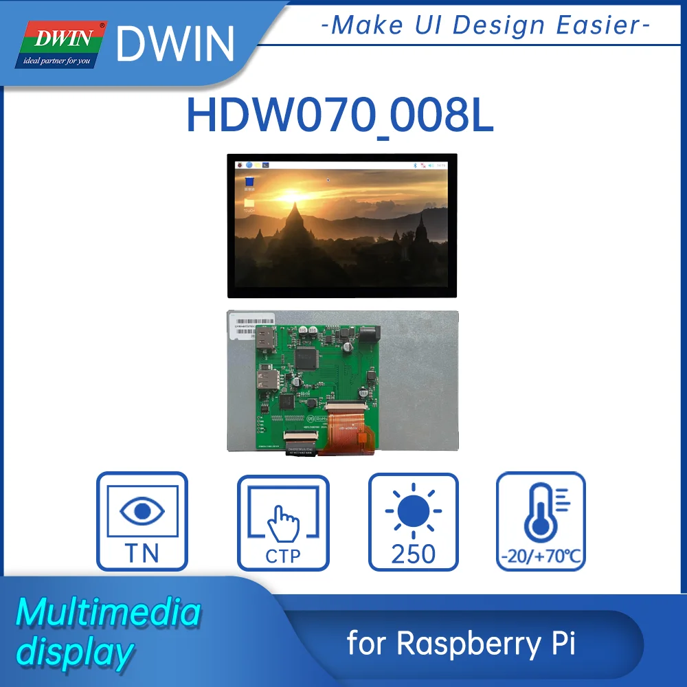 DWIN 7.0-inch Lcd Screen Display 800*480 Resolution with Interface Board Support Raspberry pi 4B Display HDW070_008L