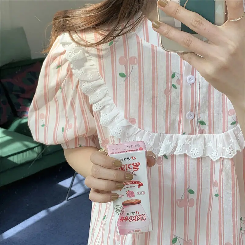 Yasuk Spring Summer Women's Casual Girl Print Flower Lovely Pullover Sleepwear Pajamas Set Skirt Nightdress Ruffles Short Sleeve