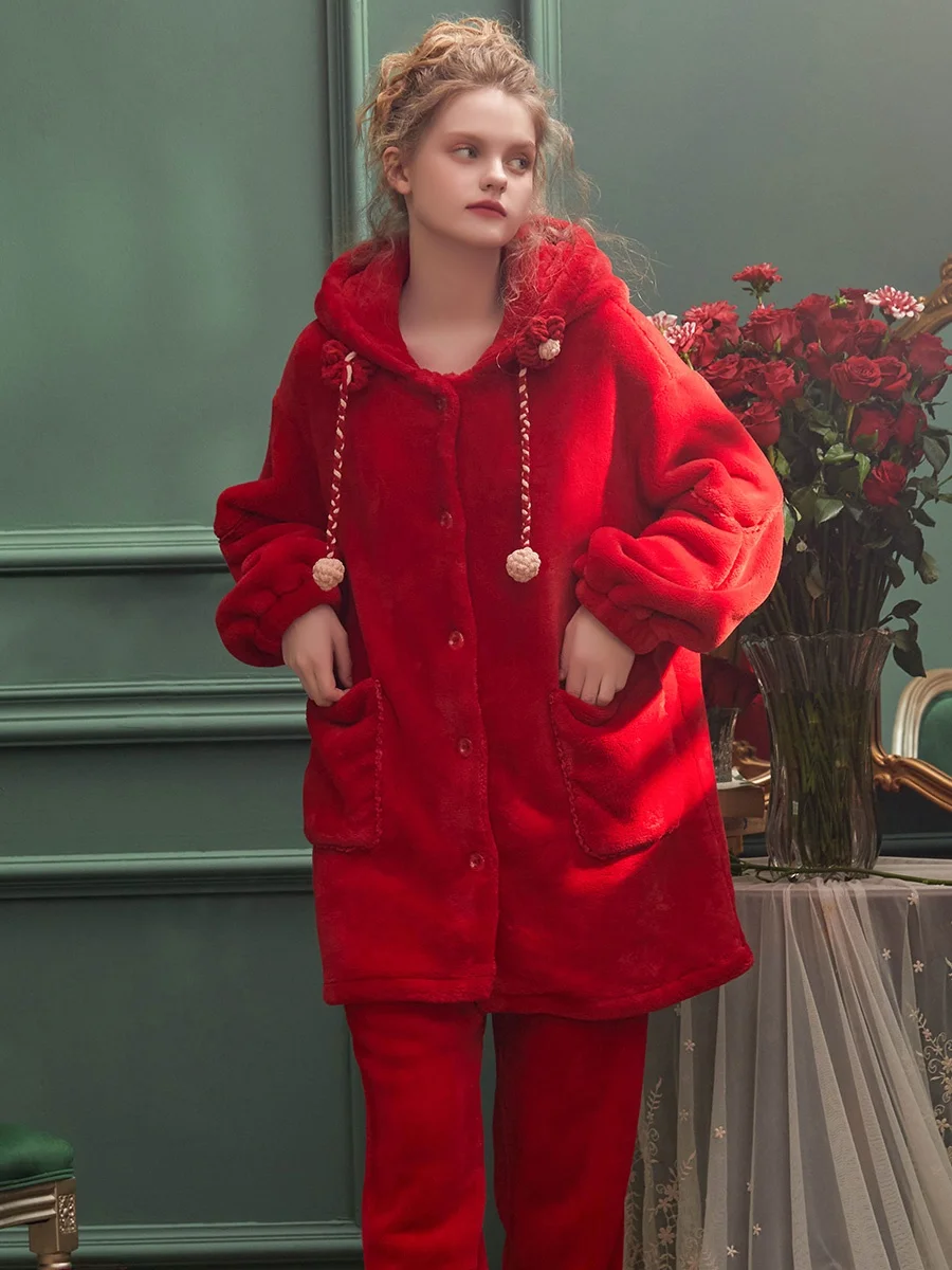 Женская пижама из кораллового флиса Chenxi зимний комплект с длинными рукавами