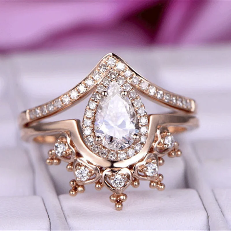 

Milangirl 2 Pcs/Set Simple Rose Gold Color Water Drop Crystal Rhinestone Zircon Female Metal Ring for Wedding Engagement Jewelry