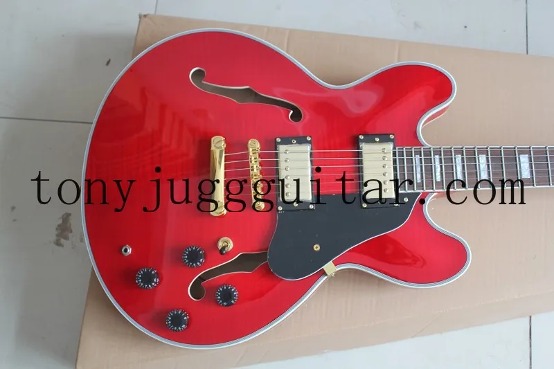

Custom ES Semi Hollow Body Trans Wine Red Jazz Electric Guitar Flame Maple Top, White MOP Block Fingerboard Inlay Gold Hardware