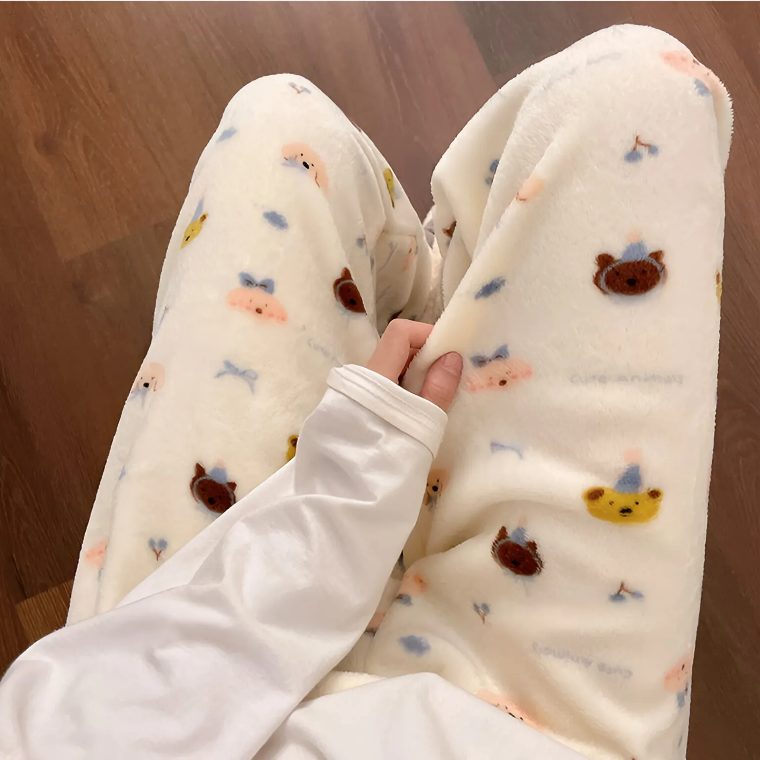 Пижамные штаны с медведем женские Shoujo Kawaii PJ теплые пушистые рождественские