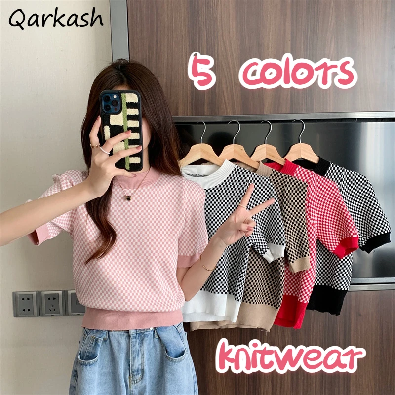 

Plaid Knitted Short Sleeve T-shirts Women Harajuku New Arrival Summer Tops 5 Colors Sweet Tender Lovely Students Korean Style