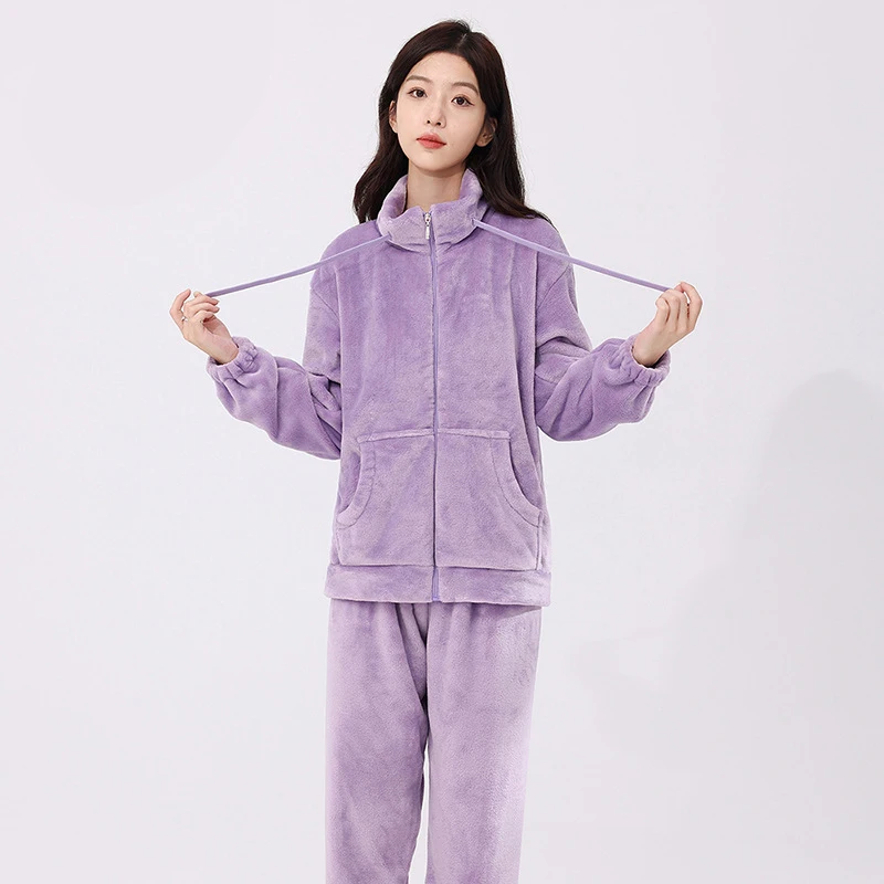 Women's Coral Fleece Pajamas Flannel Lounge Set Soft Pajamas Set Warm Loungewear Outfits Zipper Casual Two-Piece Sleepwear Pjs