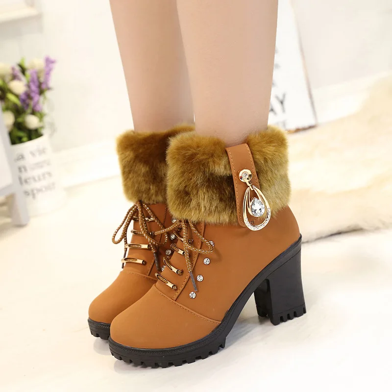 

2022 New Women High Heels Shoes Warm Non-slip Block Cow Suede Warm Snow Pumps Boots Women Winter 2022