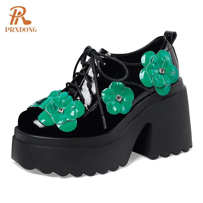 

PRXDONG New Fashion Genuine Leather Chunky High Heels Platform Women's Pumps Lace Up Black flower Dress Party Lady Shoes Pumps