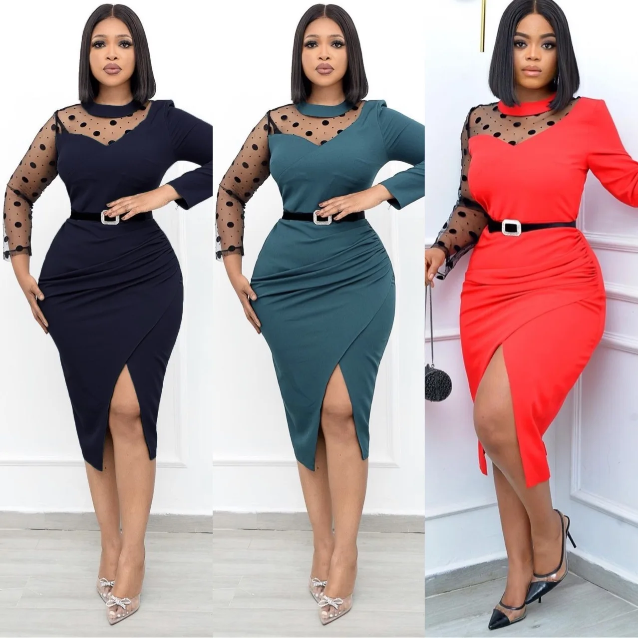 

2022 African Dresses for Women Summer Elegent African Women Long Sleeve Polyester Black Red Green Dress African Clothes Women