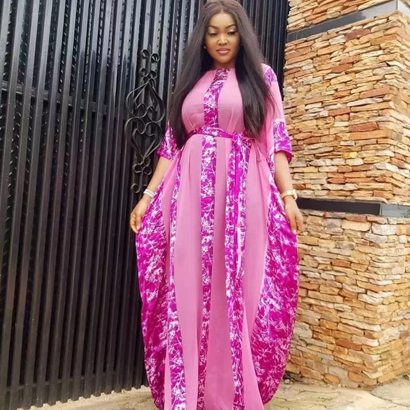 Платье-Макси женское шифоновое в полоску с рукавом летучая мышь