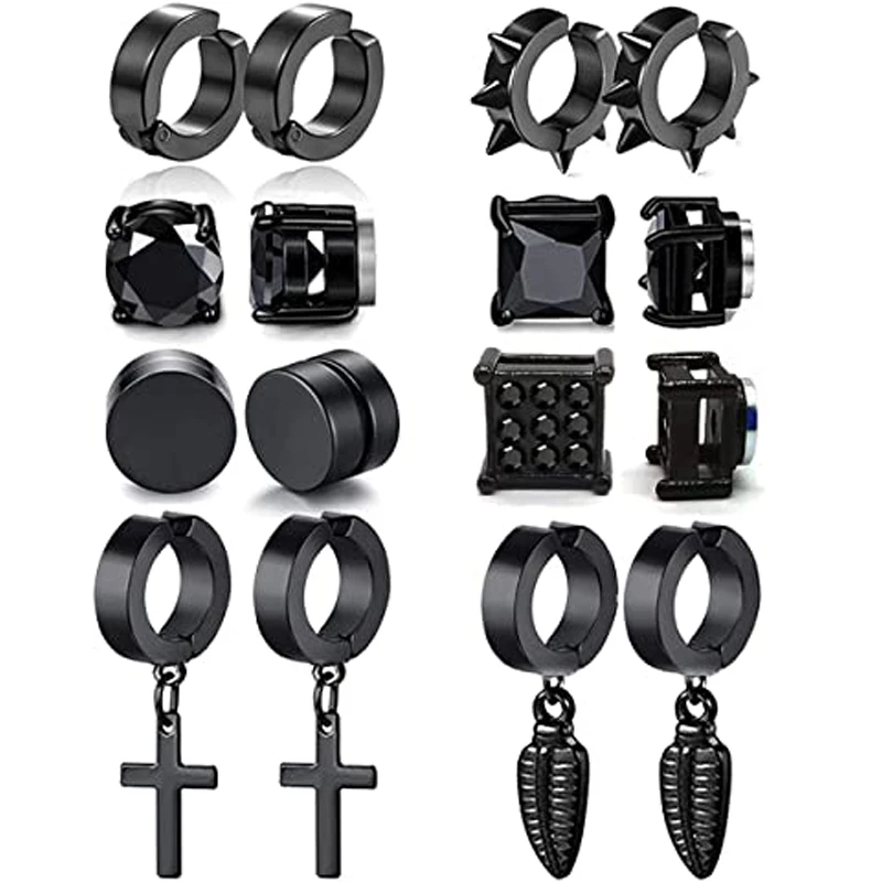 

8 Pairs of Stainless Steel Non-pierced Magnetic Earrings Men's and Women's Black CZ Clip-on Pendant Earrings Set
