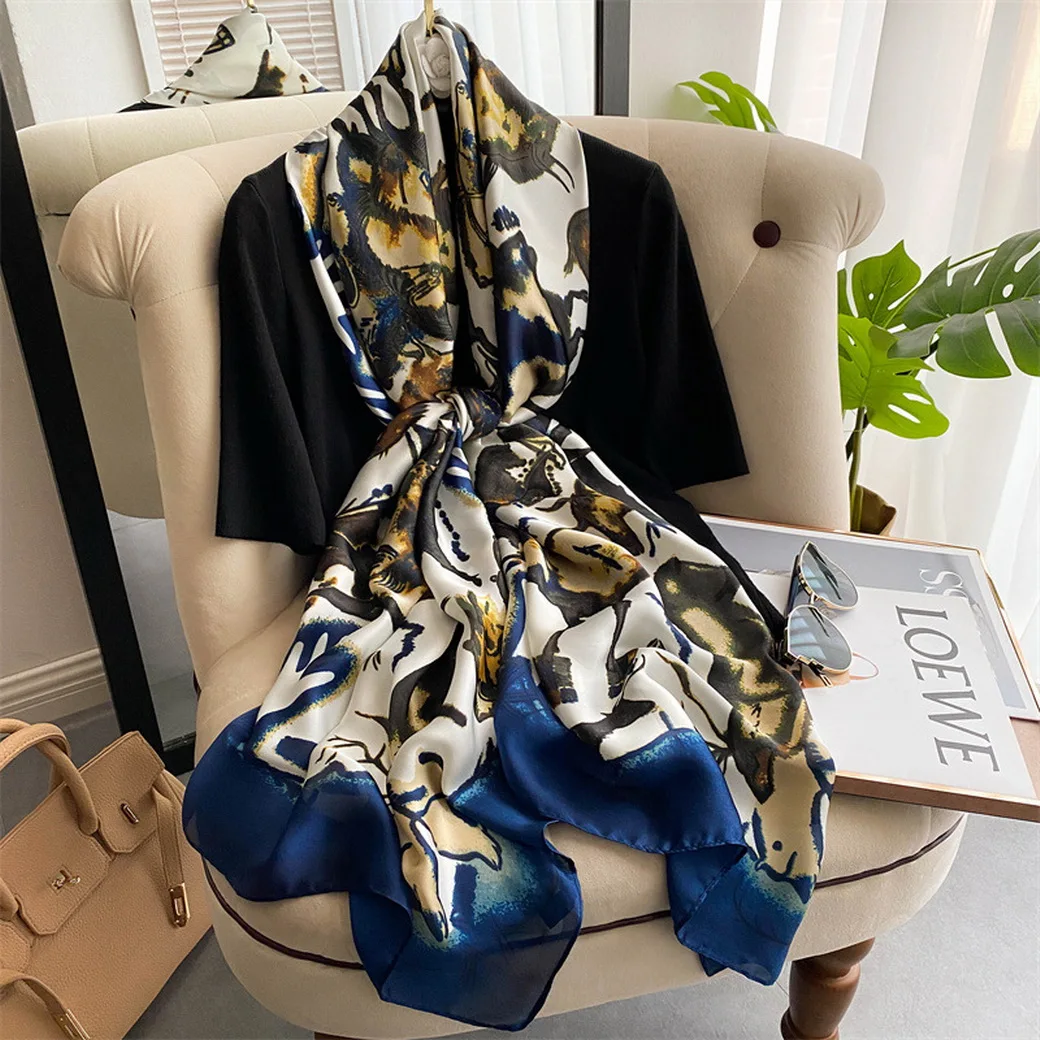 

Silk Scarves Women Ink Printed Wraps for Ladies Four Seasons Bufanda shawls Foulard Femme 180x90cm
