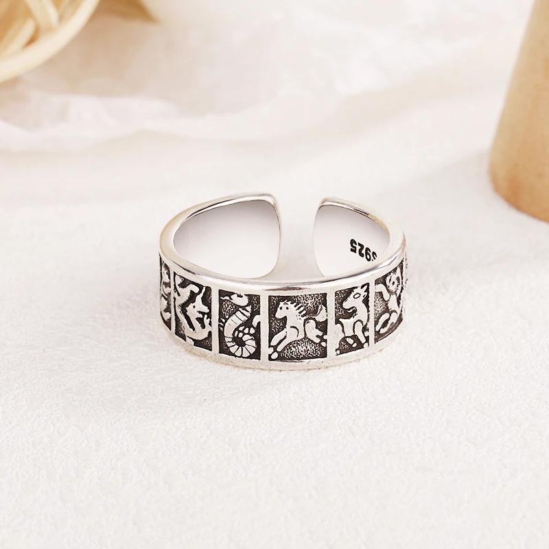 

Sole Memory Retro Lunar Zodiac Animal Silver Color Female Resizable Opening Rings SRI1051