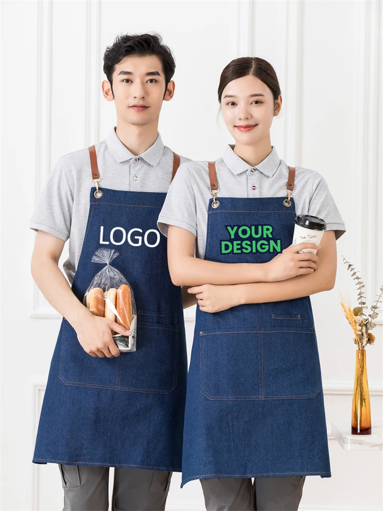 Customized Barber Apron Men Women Restaurant Server Apron With Pockets Chef Cooking Kitchen Denim Bib Hairstylist Salon Overalls