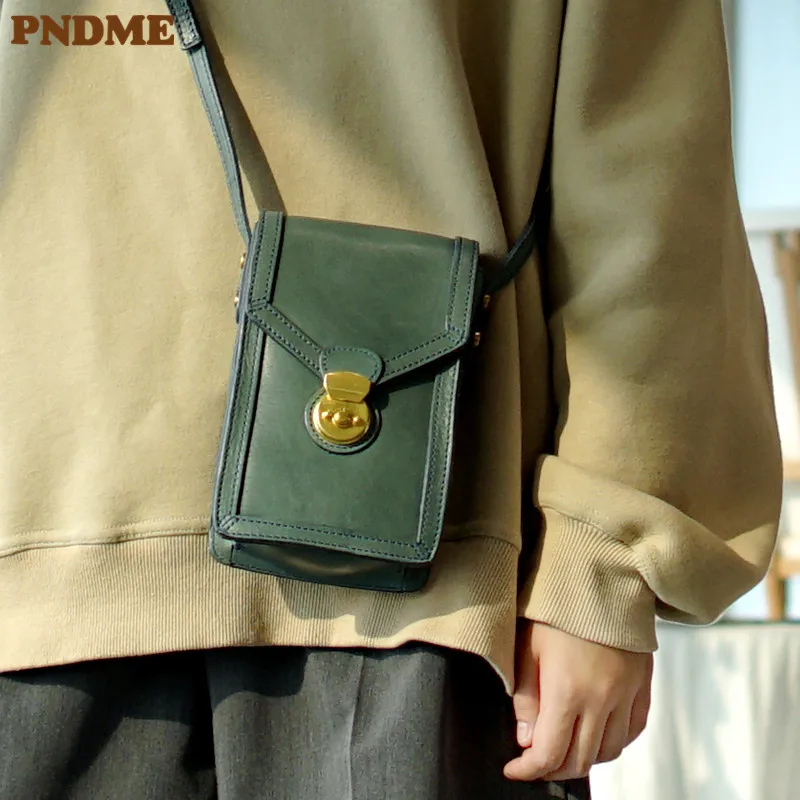 PNDME vintage luxury genuine leather women's phone bag designer outdoor weekend real cowhide cute mini shoulder crossbody bag