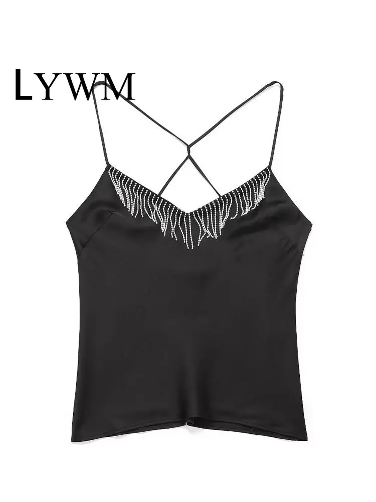 

LYWM Women Fashion With Tassel Black Satin Texture Cropped Camisole Vintage Thin Straps V-Neck Female Chic Lady Tops