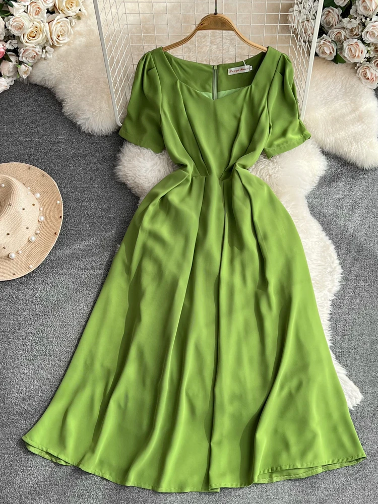 

Женское шифоновое платье-пуловер Aibeautyer, повседневное однотонное облегающее короткое платье-трапеция до середины икры с квадратным вырезом, на весну-лето