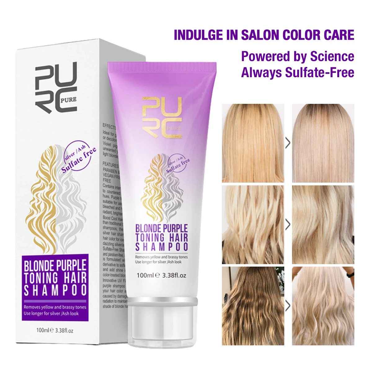

PURC Purple Shampoo For Blonde Hair Removes Brassy Yellow Lightens Platinum Ash Silver Grays Hair Care Sulfate Free Shampoo