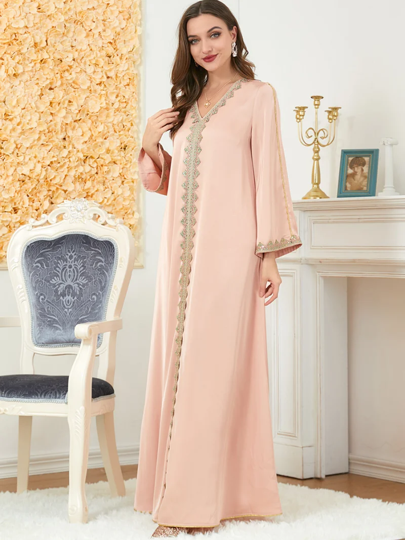 Abayas For Women V-Neck Long Sleeve Lace Embroidery A-Line Dress Muslim Fashion Dubai Abaya Long Dresses Women Autumn 2022
