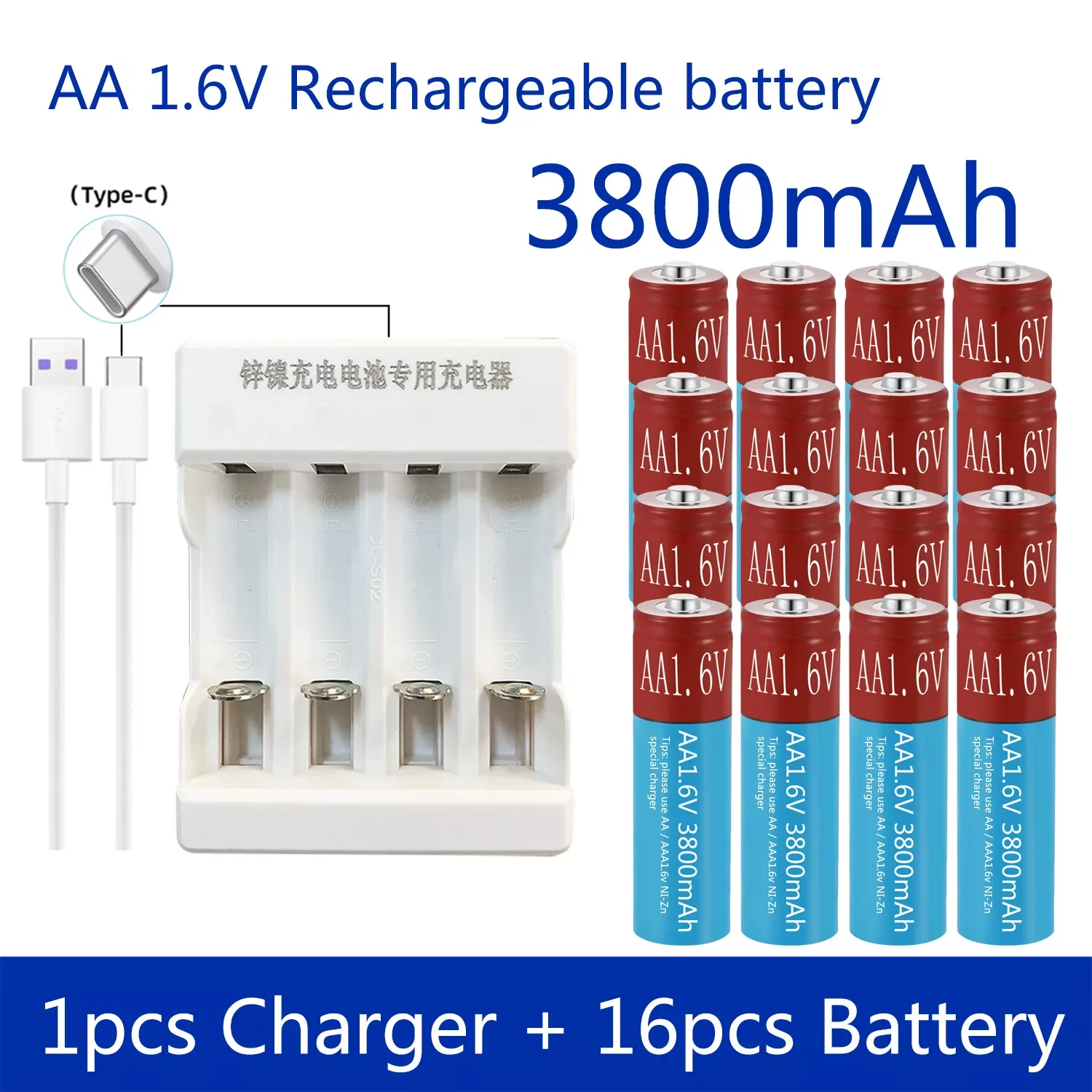 

AA Rechargeable Battery Ni-Zn 3800mAh 1.6V NiZn Battery for toys MP3 Solar Lights Digital Camera MP4 RC car with USB Charger