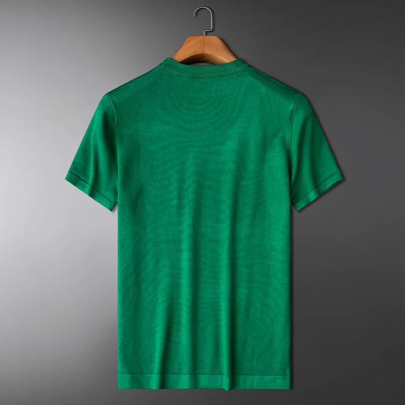 Luxury summer trend personalized knitted T-shirt men's short sleeve round neck high-end elastic slim fit sweater half men |