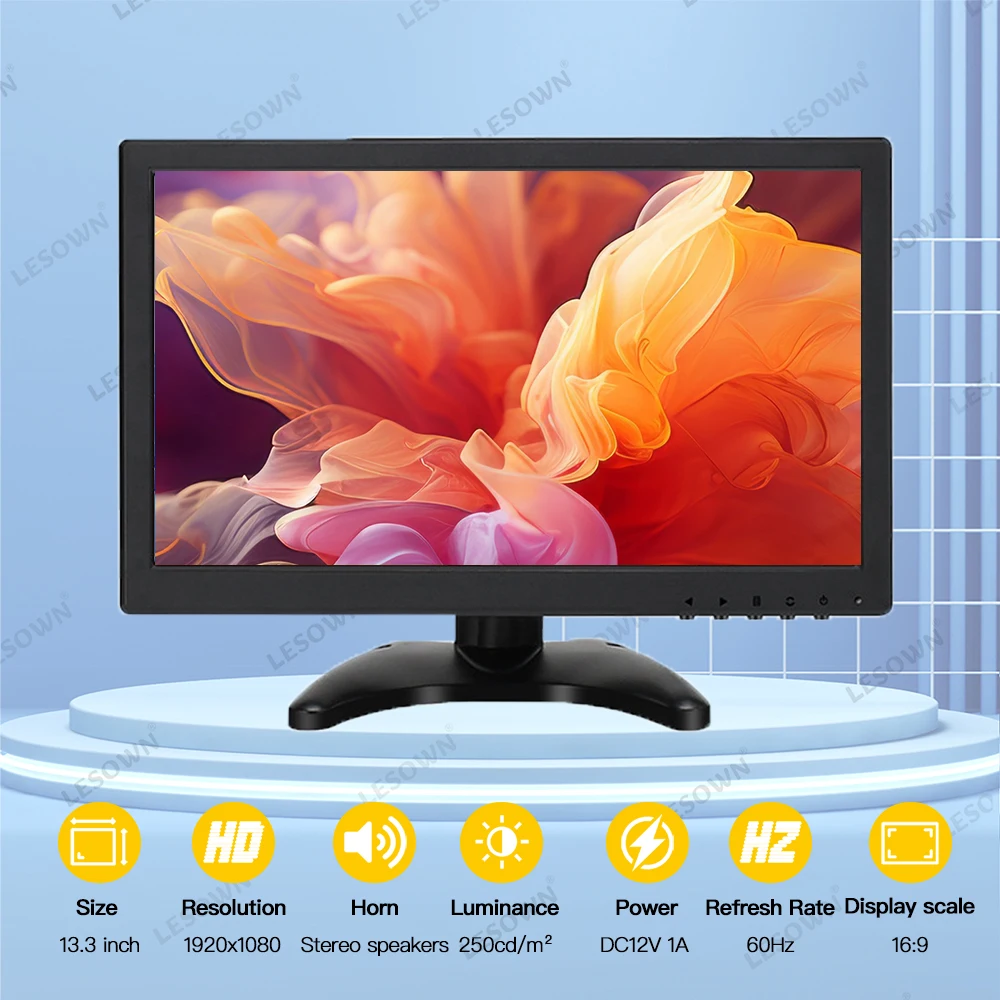 Монитор LESOWN 13 3 дюймов 1920x108 0P IPS HDMI FHD VGA AV BNC USB дисплей Сенсорная панель для