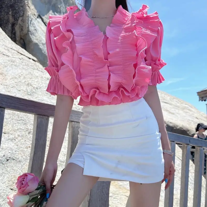 

2022 New Summer Elegant Cascading Ruffles Shirt Sexy V-Neck Puff Sleeve Women Sweet Solid Color Chic Pullover Casual Blouse Top