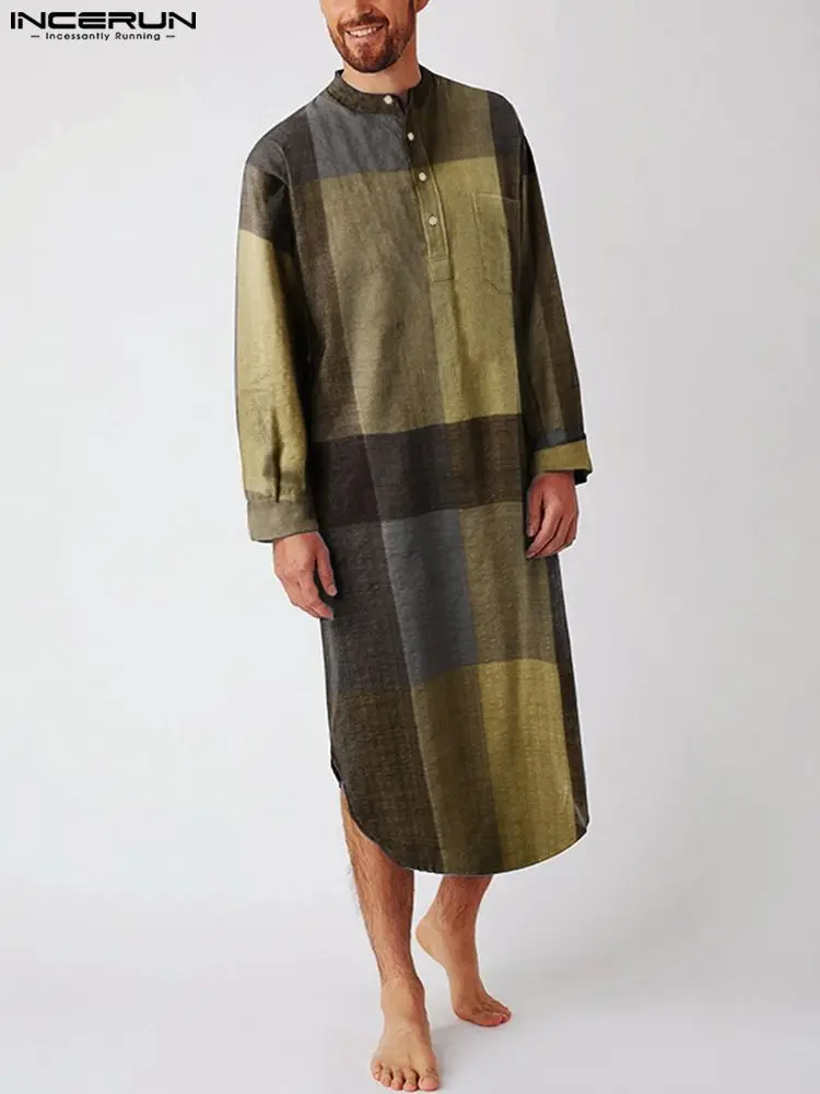 Fashion Plaid Sleep Robes INCERUN Mens Long Sleeve O Neck Nightwear Cotton Pockets Nightgown Cozy Buttons Sleepwear Plus Size 7