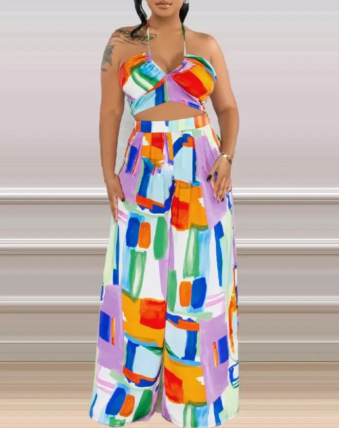 

Женский летний комплект из двух предметов, повседневный модный привлекательный топ с геометрическим принтом на бретелях и брюки с широкими штанинами, 2023