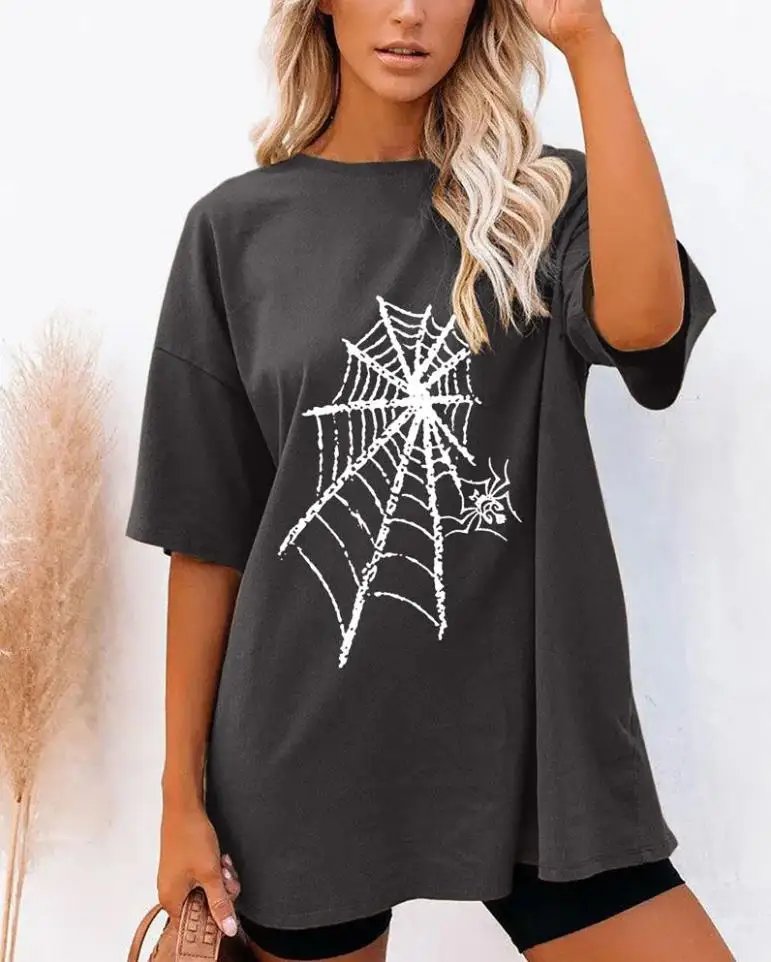 

Casual Summer T-Shirts for Women 2022 Plus Size Loose Top Y2K Cobweb Print Short Sleeve Oversized Spider Graphic O-Neck Tee