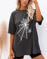 casual summer t shirts for women 2022 plus size loose top y2k cobweb print short sleeve oversized spider graphic o neck tee